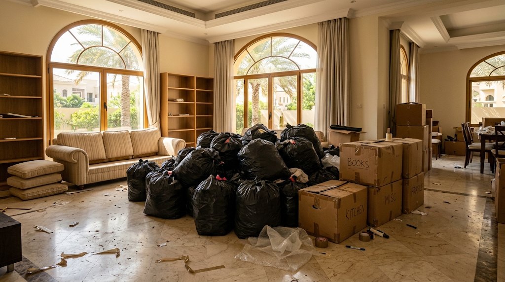 Villa living room in Dubai piled with black bin bags and half-packed boxes during a DIY move