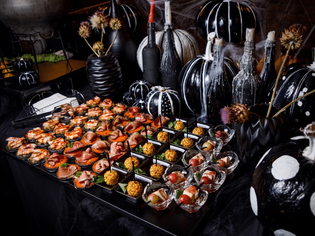 Halloween canape buffet with black and white pumpkins at Warehouse, Le Meridien Dubai