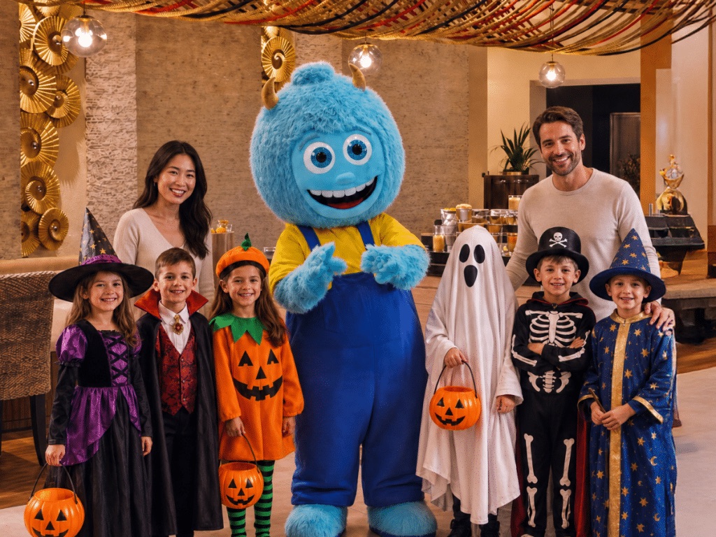 Children in Halloween costumes with Blue Monster at the Crescendo family brunch, Anantara The Palm Dubai