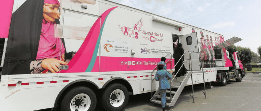 Pink Caravan mobile mammogram truck with its steps down, parked for screenings