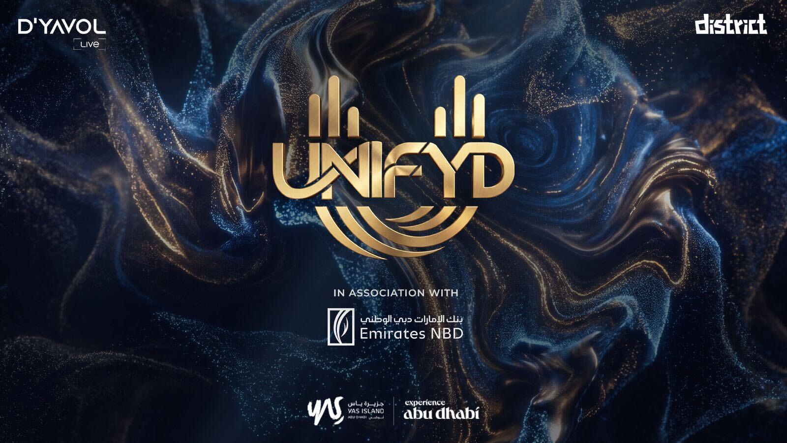 UNIFYD Festival Abu Dhabi logo in gold with the D'YAVOL Live, District and Emirates NBD partner logos